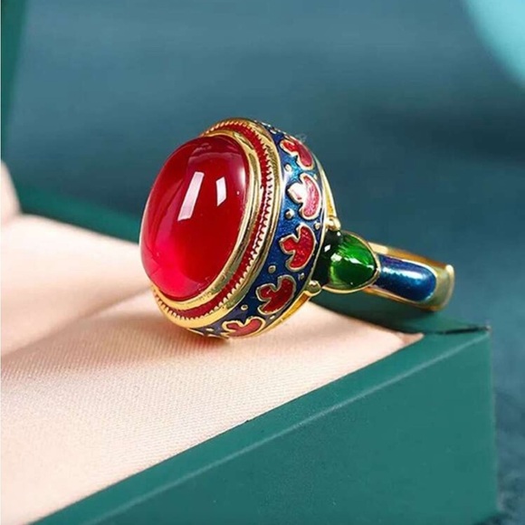 Anthropologie Jewelry - Ethnic Vintage Red Cabochon Enamel  Ring |Artisan Ethnic Luxe